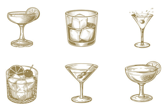 hand drawn engraving Cocktails alcoholic daiquiri, martini, old fashioned, Manhattan, vector illustration vintage style. Sketch set. Eps 10