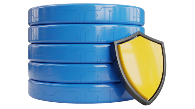 Blue database stack with golden shield isolated PNG, data protection and cybersecurity concept for digital safety and information security