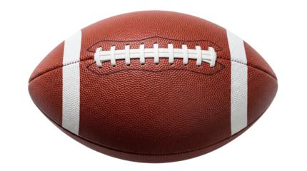 American football PNG isolated on transparent background, brown leather ball with white stripes and laces for sports and recreation