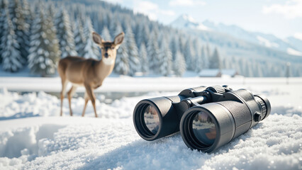 close up of binoculars resting on snowy ground while a deer stands blurred in the distance during a quiet winter wildlife scene