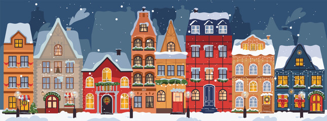 Naklejka premium Christmas town panorama with houses in snow, decorated for holiday. Winter landscape with houses. Christmas winter old town street. European cityscape panorama. Flat vector illustration