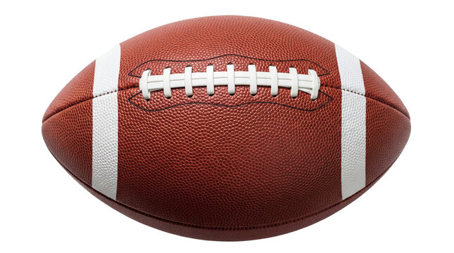 American football PNG isolated on transparent background, brown leather ball with white stripes and laces for sports and recreation