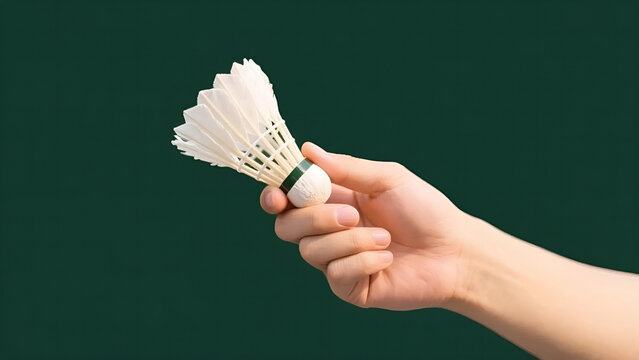 A hand holding a white badminton shuttlecock against a solid green background, perfect for sports or recreation-themed projects.