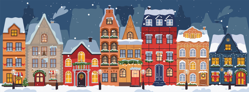 Christmas town panorama with houses in snow, decorated for holiday. Winter landscape with houses. Christmas winter old town street. European cityscape panorama. Flat vector illustration