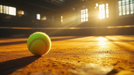 Tennis ball at baseline with racket, early morning light, low angle 