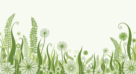 Stylized green floral and grass border on a light background, evoking spring and nature.