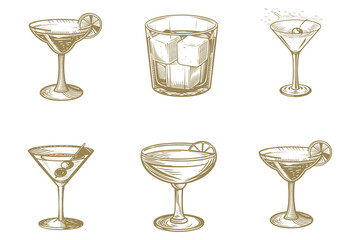 Whiskey bottles and glass vector illustration. Cocktails alcoholic daiquiri, old fashioned, Manhattan, martini, sidecar glass hand drawn engraving vintage style. Eps 10