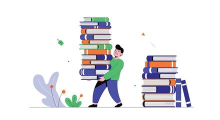 A cheerful student or avid reader carries an impossibly tall stack of books, symbolizing dedication to learning, extensive knowledge, or academic workload.