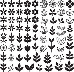 Set of flower and leaves silhouettes for creating floral designs against transparent background