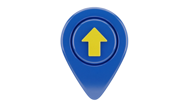 Blue map pointer with yellow arrow isolated PNG, navigation pin for direction and location on transparent background