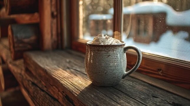 Cozy Cabin Hot Drink on Wooden Window Sill Winter Scene