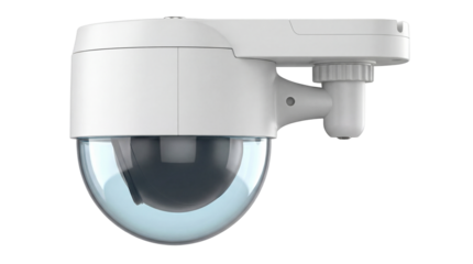 White dome security camera PNG isolated on transparent background, surveillance system for safety and protection, modern technology