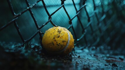 Tennis ball trapped in fence, creative low view