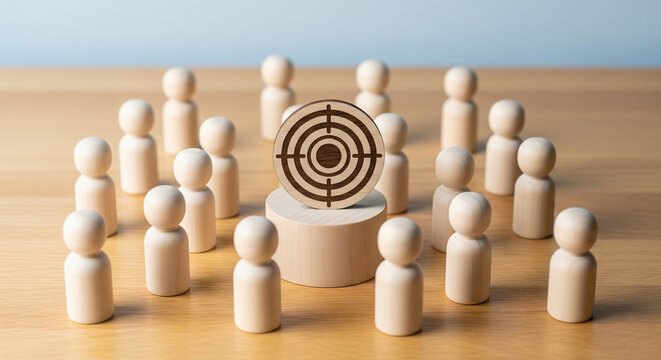 Wooden figures gather around a target, representing focus and shared goals.