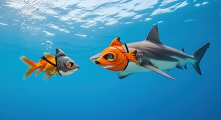 Obraz premium A goldfish and a shark wearing fish costumes swimming in clear blue ocean waters underwater view