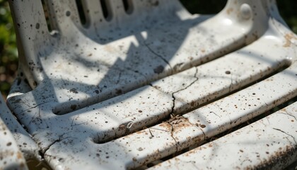 Close-up of a weathered white plastic garden chair with a prominent crack