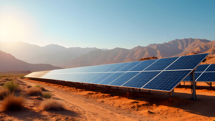 Desert Solar Power Plant: Renewable Energy in Arid Landscape with Blue Solar Panels & Distant Mountains - Stock Photo