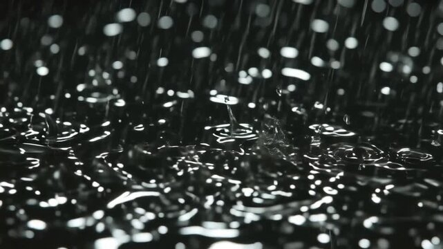 Heavy rain in puddle shot with motion control high speed camera, phantom flex 4K Droplets of rain falling surface realistic Rain hits ground effect, Splashing rain splashes isolated background
