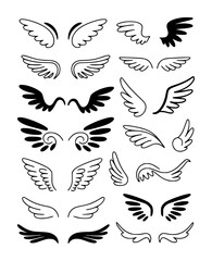 Collection of Hand-Drawn Angel Wings in Various Styles