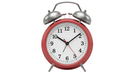 Red alarm clock PNG isolated on transparent background, classic twin bell design for time management and reminders