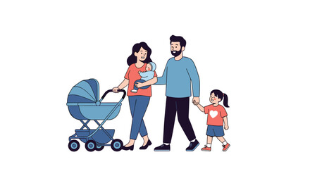 A happy young family with a baby and an older child enjoys a leisurely walk together, demonstrating warmth and togetherness.
