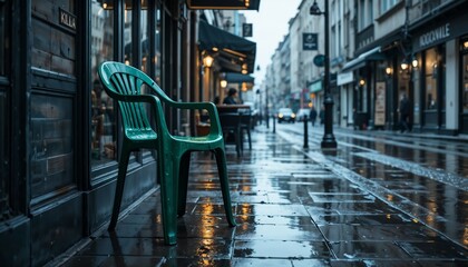 Urban scene: a cracked green plastic chair left outside a closed café on a rainy city street,