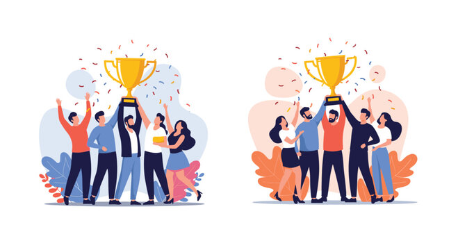 Happy diverse teams celebrating success and teamwork, raising a golden trophy together with confetti falling around them.