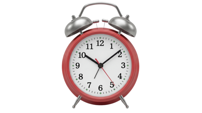 Red alarm clock PNG isolated on transparent background, classic twin bell design for time management and reminders