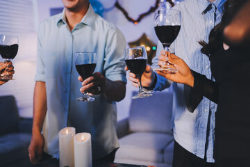 Diversity, dinner and group of people toast celebration together at party. Friends, happy and celebrate with food, wine and friendship for love, support and cheers champagne at business function