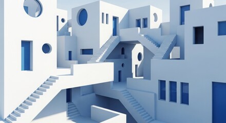 Fototapeta premium Architectural rendering of white buildings with blue windows and stairs in a complex layout