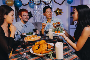 Diversity, dinner and group of people toast celebration together at party. Friends, happy and celebrate with food, wine and friendship for love, support and cheers champagne at business function