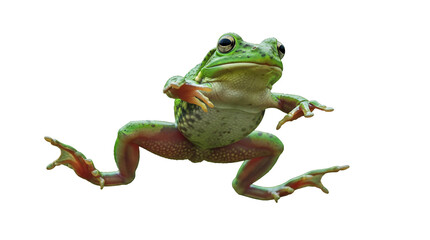 Green tree frog PNG isolated on transparent background, amphibian with red legs jumping for wildlife and nature projects