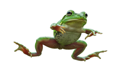 Green tree frog PNG isolated on transparent background, amphibian with red legs jumping for wildlife and nature projects