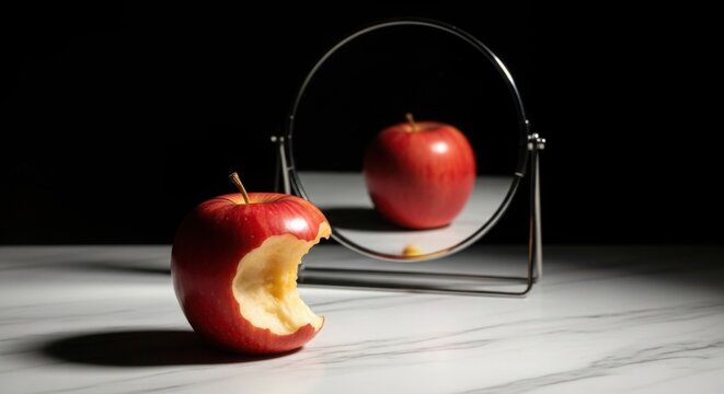 A bitten red apple in front of a mirror showing a whole apple against a dark background on marble