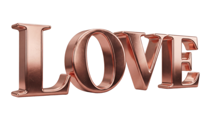 Rose gold LOVE letters isolated PNG, romantic 3D rendering for Valentine s Day and wedding designs on transparent background