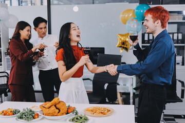 Diversity, dinner and group of people toast celebration together at party. Friends, happy and celebrate with food, wine and friendship for love, support and cheers champagne at business function