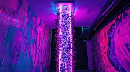 Vibrant Purple Light Installation in a Narrow Space.