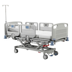 Modern adjustable hospital bed with iv stand for patient comfort isolated on white background
