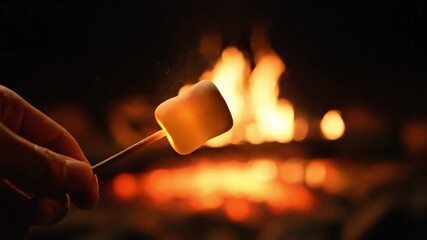 Close-up shot of a hand holding a perfectly toasted marshmallow over a crackling bonfire, capturing the cozy essence of outdoor camping and nighttime relaxation - Powered by Adobe