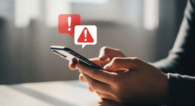 Person receiving urgent notification on smartphone, highlighting alerts and warnings.