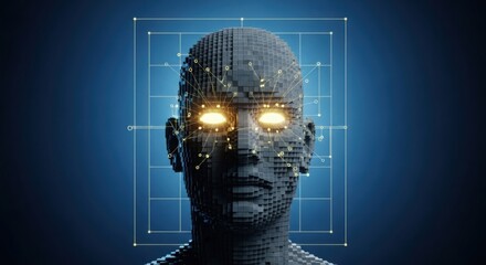 Abstract digital human head with glowing eyes and network connections on a blue background grid system