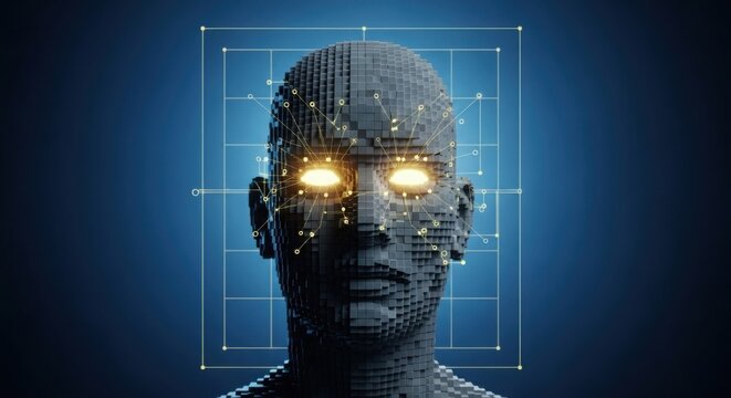Abstract digital human head with glowing eyes and network connections on a blue background grid system