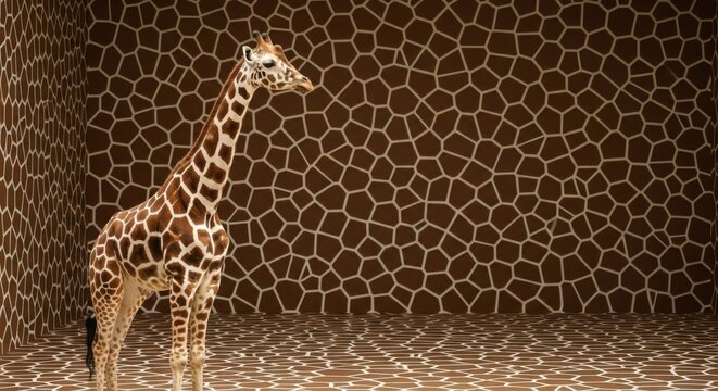 Giraffe standing in a room with giraffe print walls and floor in a zoo enclosure setting view