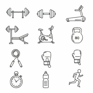 Gym Equipment and Fitness Training Line Art Icon Set