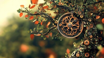 Enchanted Tree of Time - A Steampunk Clockwork Dreamscape in Nature.