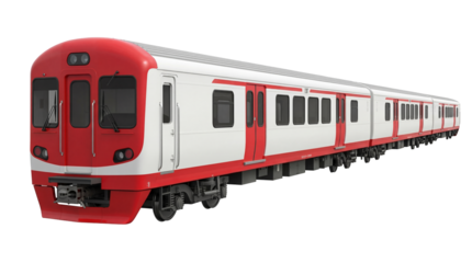 Red and white train PNG isolated on transparent background, modern electric multiple unit for public transportation and urban transit