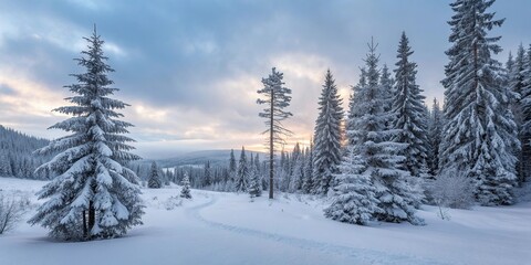 Peaceful winter mountain landscape with snow covered pine trees at sunrise. Frosty forest scene with soft morning light and cold blue tones. .
