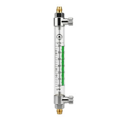 Medical oxygen flow meter with transparent tube and green scale isolated on white background