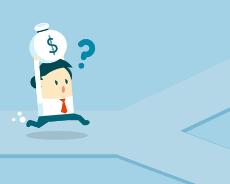 A cartoon businessman runs while holding a money bag above his head, looking confused at a forked path ahead, symbolizing financial uncertainty and decision-making.