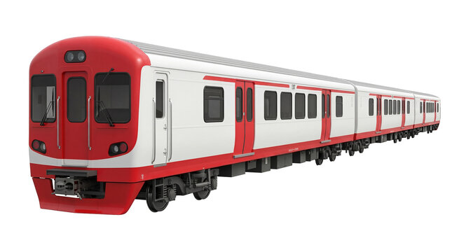 Red and white train PNG isolated on transparent background, modern electric multiple unit for public transportation and urban transit